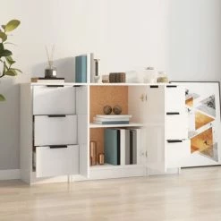 VidaXL Buffets 3 pcs Blanc brillant Bois d'ingénierie 8 VidaXL Buffets 3 pcs Blanc brillant Bois d'ingénierie -Buffets & bahuts Soldes image 3 3115840