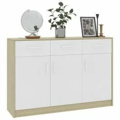 VidaXL Buffet Blanc et chêne sonoma 110x30x75 cm Aggloméré -Buffets & bahuts Soldes image 3 800707