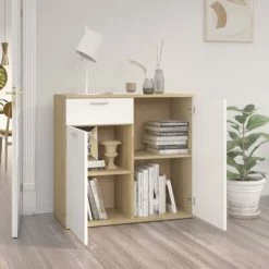 VidaXL Buffet Blanc et chêne sonoma 80x36x75 cm Aggloméré -Buffets & bahuts Soldes image 3 805775