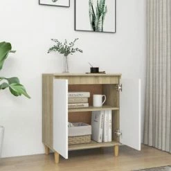 VidaXL Buffet pieds en bois Blanc et chêne sonoma 60x35x70cm Aggloméré -Buffets & bahuts Soldes image 3 806072