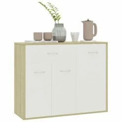 VidaXL Buffet Blanc et chêne sonoma 88x30x70 cm Aggloméré -Buffets & bahuts Soldes image 4 800680