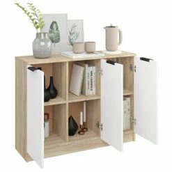 VidaXL Buffet Blanc et chêne sonoma 90,5x30x70 cm Bois d'ingénierie -Buffets & bahuts Soldes image 4 811192