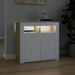 VidaXL Buffet avec lumières LED Blanc et chêne sonoma 80x35x75 cm -Buffets & bahuts Soldes image 5 804333